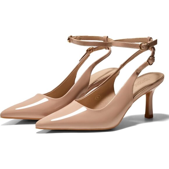Women's Nude Pointed Toe High Heels Slingback Stiletto Ankle Strap Pumps - Picture 5 of 6